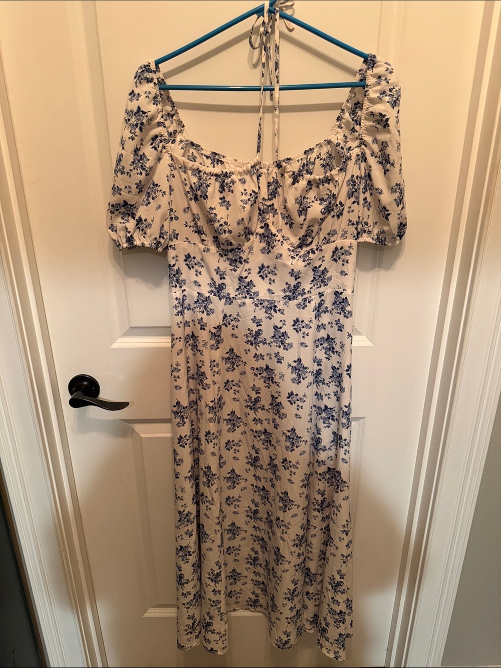 SHEIN Cream Midi Dress with Blue Floral Print